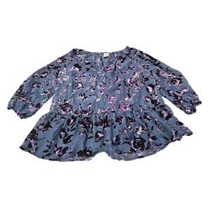 Y2K Velvet Cutout Vintage Sheer Purple Peplum Blue Shirt Faded Glory Size L Boho